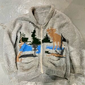 Zip Up Curling Sweater with moose and forest pattern - fits Large